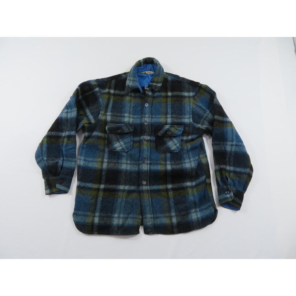 Penneys Towncraft Flannel Shirt, CPO Buttons Blues Black Youth Sz 18-20 1970s